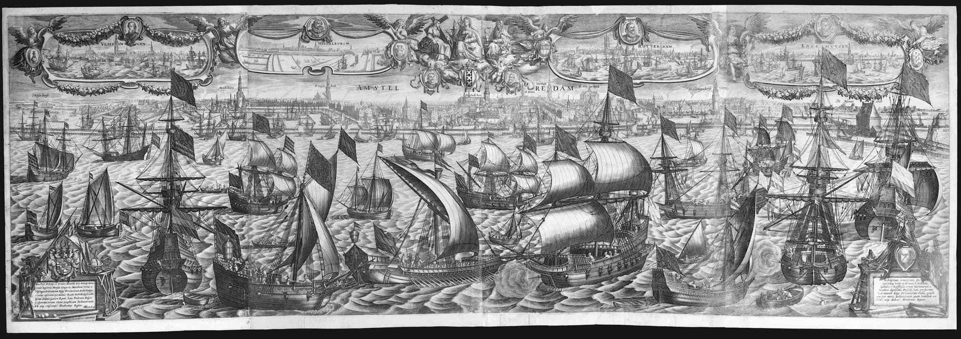 A 17th-century engraving of Dutch trading ships before the skylines of Amsterdam and Rotterdam, titled 'The Country's Prosperity'