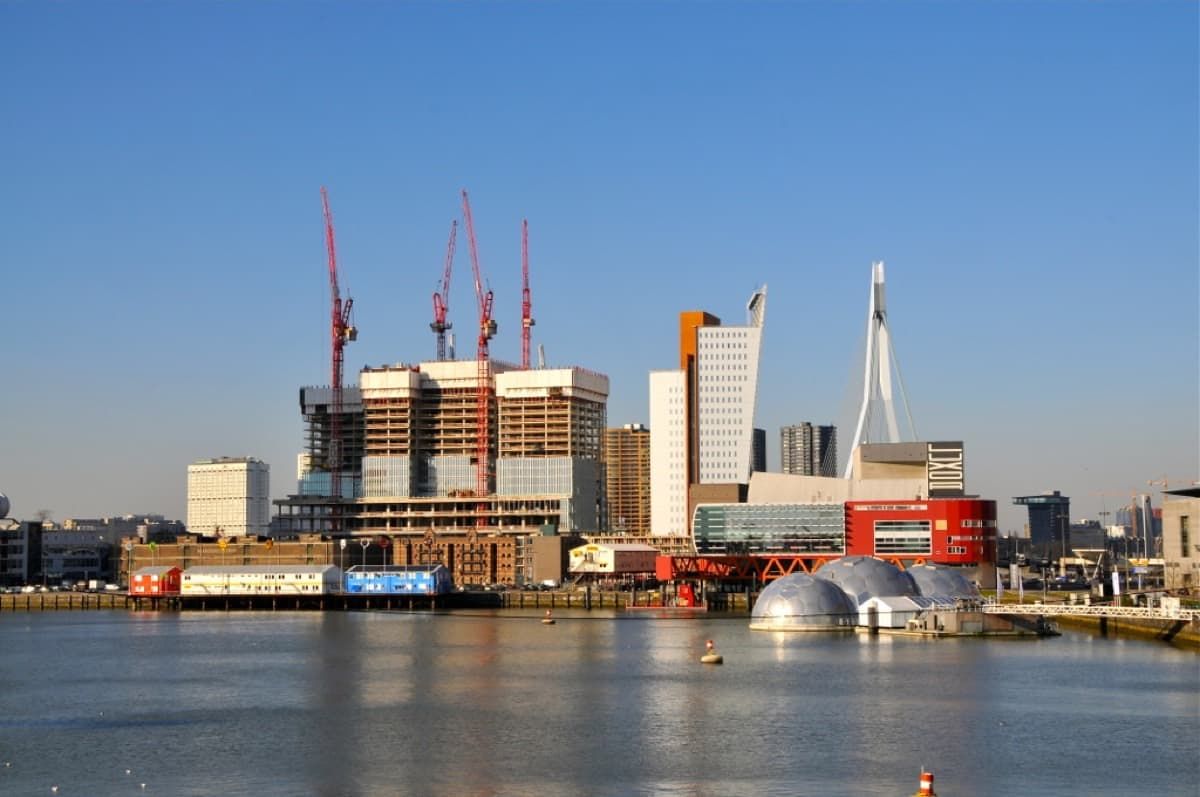 The Rotterdam skyline and harbour, including the Erasmus Bridge